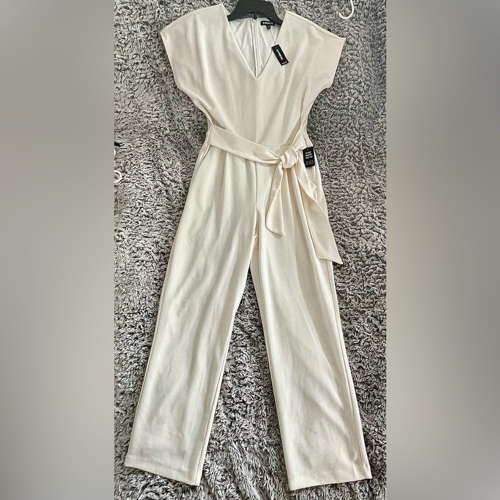 Express Cream Wide-Leg Jumpsuit with Self Tie Waist